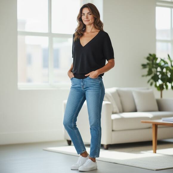 Moda International Knit Sweater – Black Silk Cashmere V-Neck Large - Picture 1 of 7